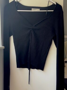 Arizona Jean Company Black Ribbed V-Neck Long Sleeve Top with Drawstring